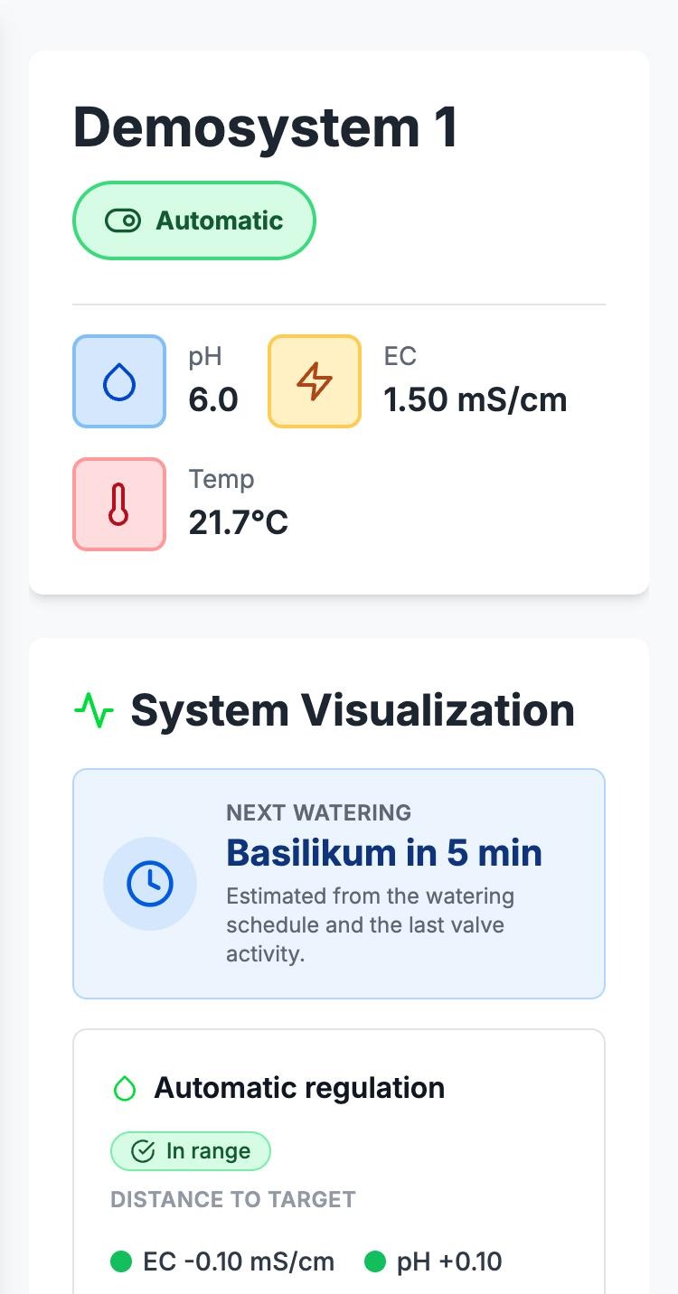 aplantio app on a phone: Demosystem 1 in automatic mode with pH, EC and temperature, next watering and regulation in range